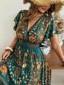 Ceyna Plus Size Women's New Summer Bohemian Style Printed Casual Dress, Pattern Flare Sleeve Waist Dress, Deep V-Neck Maxi Dress With Flared Dress, Fitted Top Flared Dress Maxi Dress Elephant Print Dress V Neck Floral Dress Bohemian Maxi Dress,Hemp Leaf Sleeve Long Summer Dress, Resort Wear Women Vacation Dress Bohemian Outfit For Women Dress Boho - Multicolor - View 4