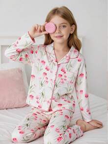 Genkimix Kids Girls Floral Print Long Sleeve Cardigan And Pants 2 Pieces Pajama Set, Comfortable Casual Sleepwear Tulip Print Pajama Set - Multicolor - View 6