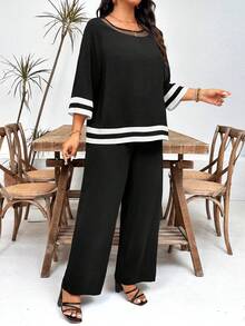 Momelise Conjunto informal de 2 piezas de top y pantalones de bloques de color para mujer de talla grande - Negro - Ver 3