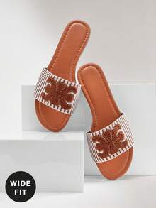 SHUZIA Women's Wide Fit Elegant Embroidery Upper Slip-On Flat Sandals - Khaki - View 5