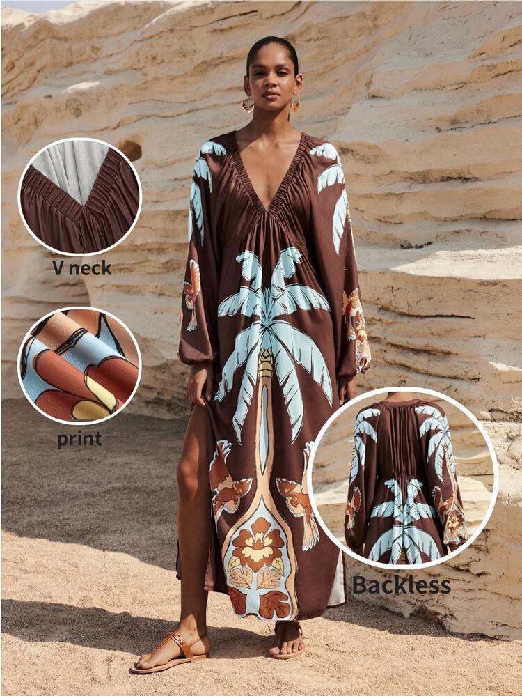 SHEIN Maija Outfit Deas Of  Dress,Women's Tropical Plant Print Long Sleeve Dress, Vacation Style,Beach Dresses ,Vacation Dresses,Holiday Outfits For Women Resort Wear Women Vacation Dress