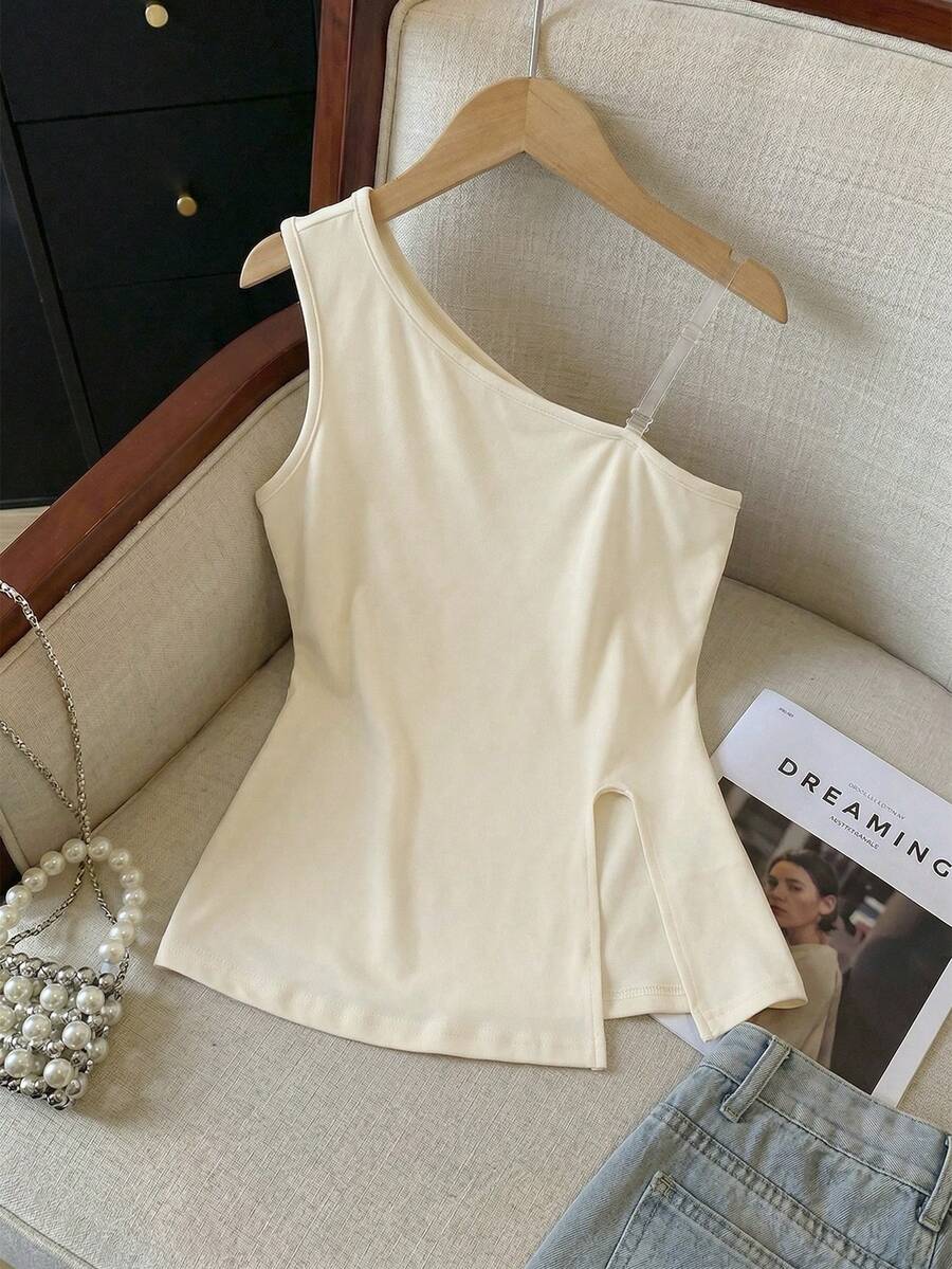 Tween Girl Solid Color Sleeveless Casual Tank Top With Side Slit - Apricot - View 1