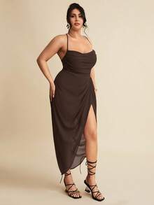 SHEIN BAE Plus Size Women's Summer Textured Sexy Split Thigh Formal Dress,Summer Dresses For Women,Wedding Guest Dress Women - Brown - View 3