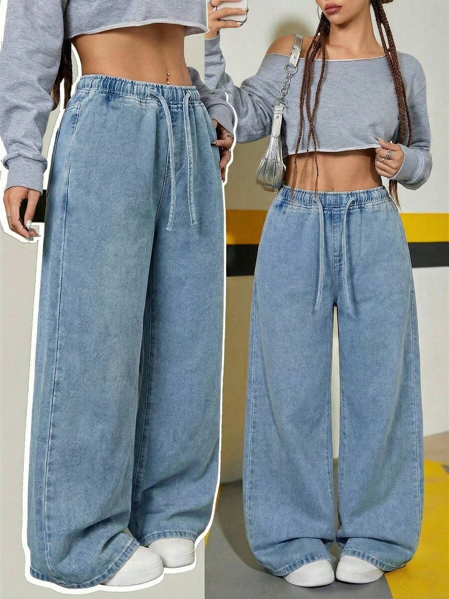 Quần jeans ống rộng dáng suông thoải mái, có túi, cạp chun, dành cho nữ tuổi teen - Rửa nhẹ - Xem 1