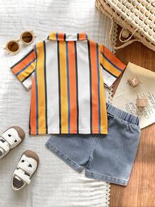 SHEIN Vintaside Kids Baby Boy Fashionable Casual Colorblock Striped Polo Shirt And Washed Denim Shorts Set, Spring/Summer - Multicolor - View 2