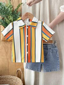 SHEIN Vintaside Kids Baby Boy Fashionable Casual Colorblock Striped Polo Shirt And Washed Denim Shorts Set, Spring/Summer - Multicolor - View 4