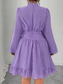 Elenzga Plus Size Women Elegant Party Navy Blue Stand Collar Ruffle Flounce Decor Long Sleeve Fitted Midi Dress - Purple - View 2