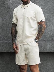 Manfinity CasualCool 男士白色提花 Polo 衫與短褲 2 件套，夏季休閒度假穿搭，華夫格針織短袖 Polo 衫，彈性腰頭短褲，適合正裝場合 - 杏色 - 查看 4