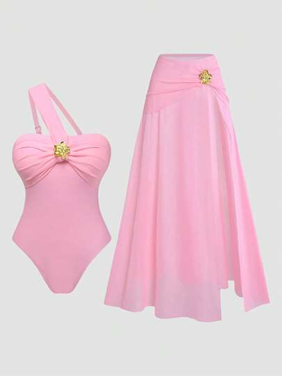 Swim Oasis 2026 New Plus Size French Style One-Piece Swimsuit, Tummy Control, Elegant Pink Goddess Vibe, Suitable For Beach, Resort, Spa Ladies Two Piece Outfits Skirts And Top Pink Dresses For Ladies Special Occasion Birthday Outfit For Ladies Dress Skirt And Top Set For Women Formal Swimming Costume With Skirt