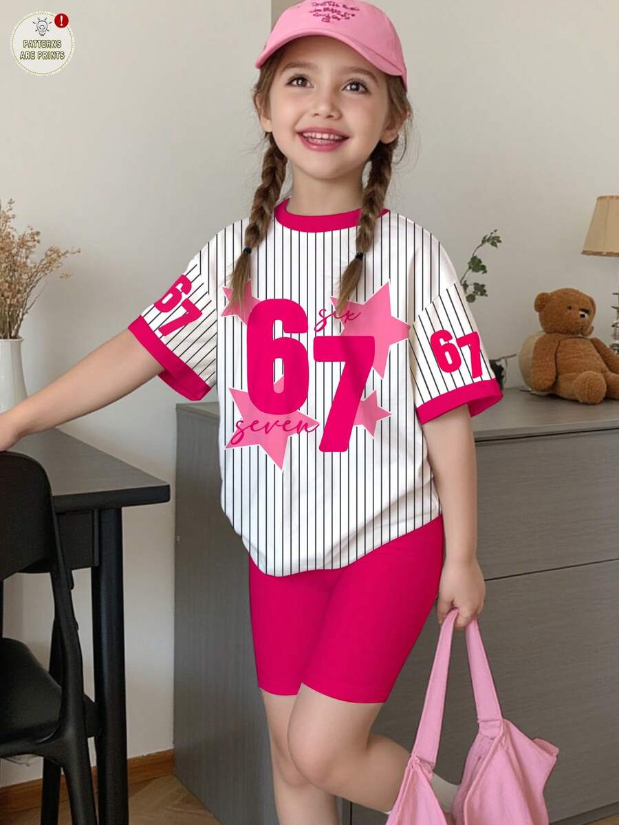 SHEIN 2件套女童休闲套装，数字67和星星图案，经典条纹运动衫款式，短袖上衣和短裤，夏季套装，返校时尚 - 彩色 - 查看 1