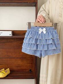 Rok Pendek Berumbai Berlapis Motif Kotak-kotak dengan Hiasan Pita untuk Anak Perempuan, Rok Pendek untuk Anak Perempuan, Rok Pendek Gingham, Celana Pendek Berumbai - Biru - View 8