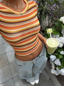 Muchica 女士条纹镂空露脐圆领短袖T恤，时尚百搭 - 橘色 - 查看 3