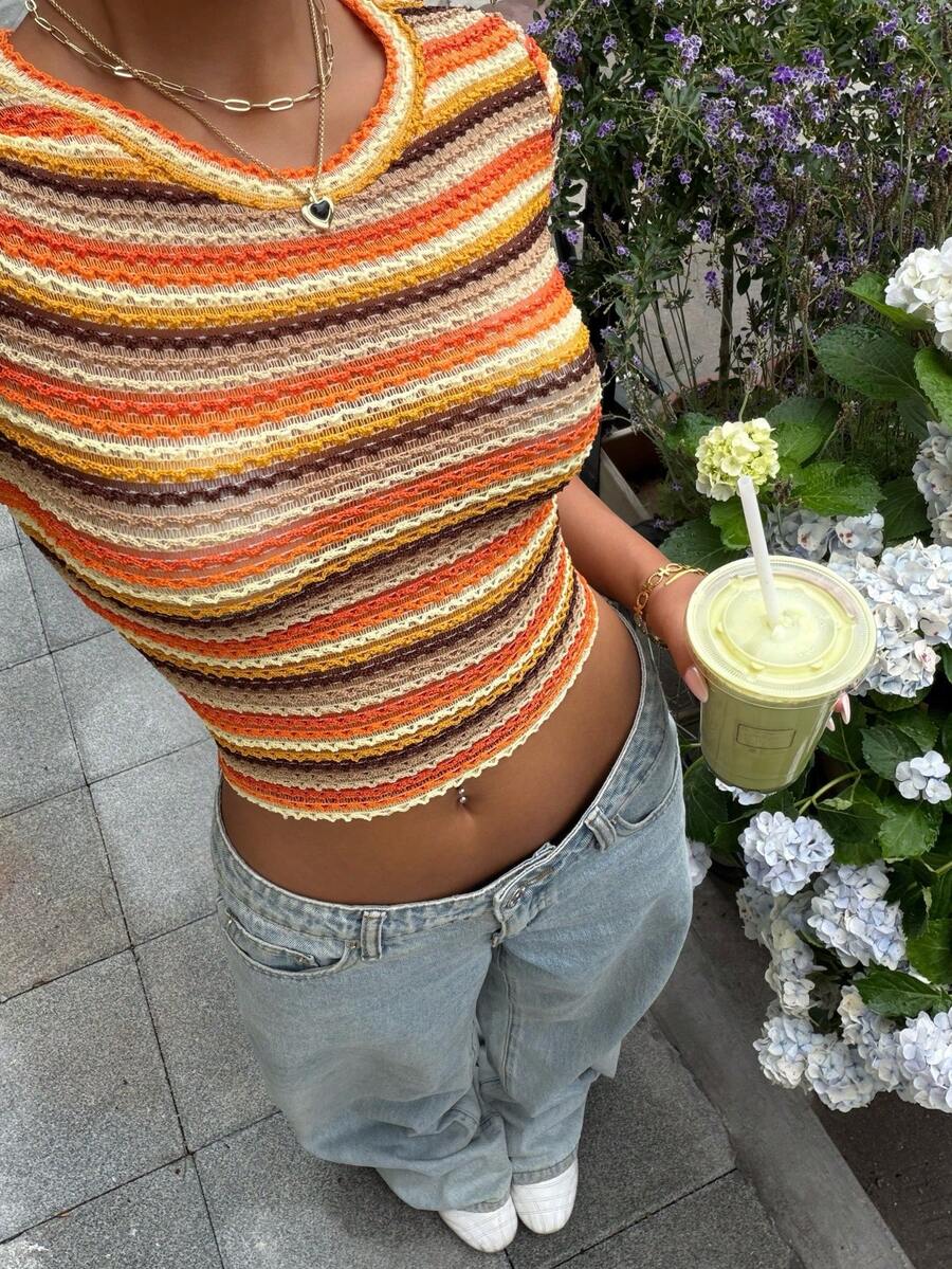 Muchica Áo thun nữ tay ngắn cổ tròn khoét eo kẻ sọc, thời trang. - trái cam - Xem 1