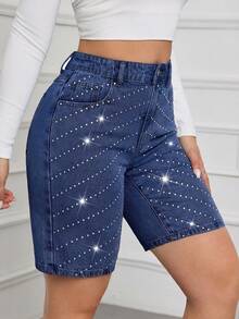 SHEIN Tall Summer TALL Women's Party, Leisure, Holiday, Vacation Sparkling Rhinestone Design Rhinestone Decor Pocket Skinny Fashion Denim Shorts Jorts - Dark Wash - View 5