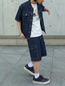Teen Boy Fashion Homecoming Streetwear Mix And Match Versatile Design Y2k Vintage Cool Street Contrasting Color Stitching Dark Blue Short-Sleeved Shirt And Loose-Fitting Five-Pocket Jeans Set Of 2 Pieces For Kids Clothes Teen Boy Dailywear And Kids Spring To Summer Rave Outfits Festival And Outfits Streetwear Clothes - Blue - View 1