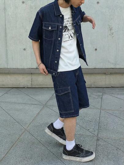 Conjunto de 2 piezas de camisa de manga corta con costuras de color contrastante azul oscuro y pantalones vaqueros de cinco bolsillos holgados de estilo casual y vintage Y2K para niños y adolescentes, ropa de uso diario y atuendos de primavera a verano para festivales y ropa de calle