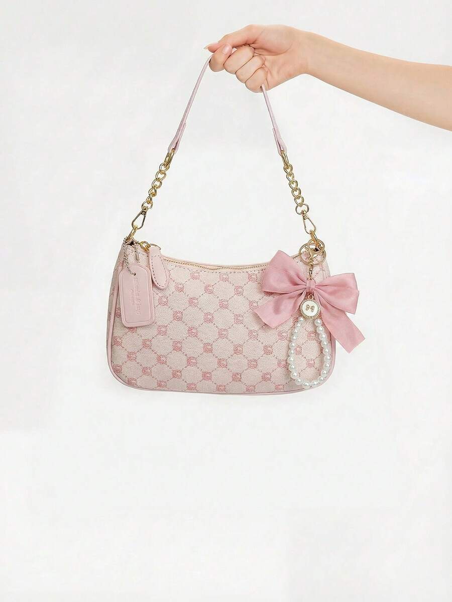 ROMWE Kawaii Túi xách thời trang hoàn toàn mới, chất liệu PU cao cấp, thiết kế mặt dây chuyền hình nơ màu hồng, khóa kéo kim loại, dây đeo kim loại điều chỉnh được ở phía trên, thanh lịch và sành điệu, phù hợp để đeo vai, xách tay hoặc đeo chéo, hoàn hảo cho việc đi làm, đi chơi, mua sắm, hẹn hò và các hoạt động hàng ngày dành cho các bạn nữ. - Hồng - Xem 1