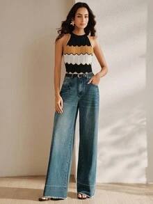 Anewsta Áo tank top dệt kim không tay cổ yếm thời trang dành cho nữ, họa tiết sọc lượn sóng nhiều màu sắc, khoét rỗng, thích hợp cho mùa hè. - Nhiều màu - Xem 6