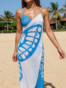 SHEIN Swim Summer Beach Women's Butterfly & Floral Printed Kimono - Blue and White - View 1