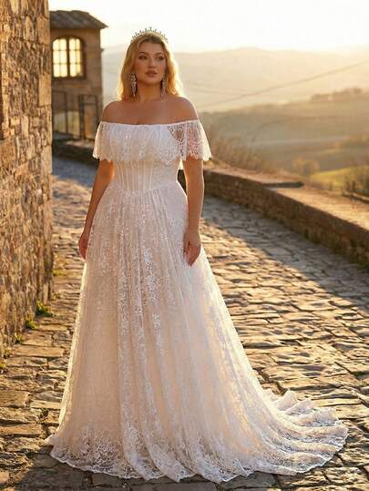 Glamrae Đầm cưới cỡ lớn thanh lịch, lãng mạn màu trắng ren, trễ vai, tay bồng, eo cao, dáng phồng, thích hợp cho đám cưới và các sự kiện.