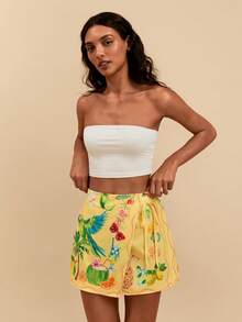 Travachic Tropical Print Tie-Waist Wrap Shorts, Casual Vacation - Light Yellow - View 6