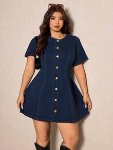 Elaquor Plus Size Women Single-Breasted Ruched Fashionable Date Denim Dress - Light Wash - View 7