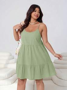 Solflare Olive Green Plus Size Women's Ruffle Hem Vacation Dress, Spring/Summer - Olive Green - View 7