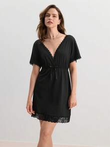 Hourtrue Camisón de pijama con lazo delantero de encaje a contraste - Negro - Ver 1