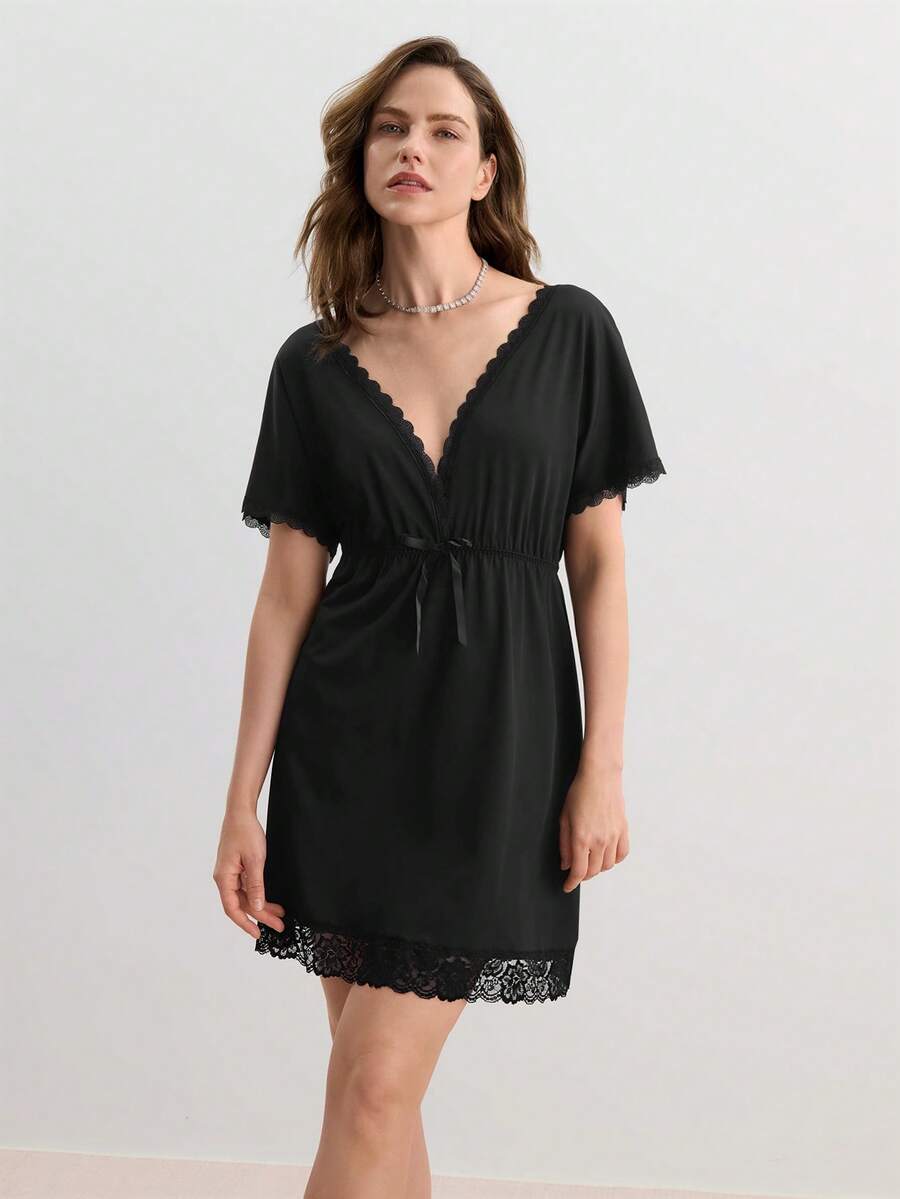 Hourtrue Camisón de pijama con lazo delantero de encaje a contraste - Negro - Ver 1