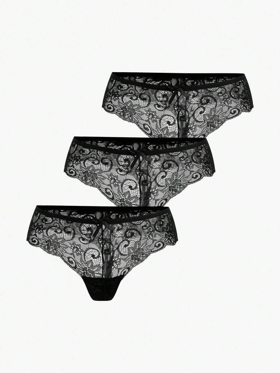 Bisouelle Bộ 3 chiếc quần lót ren gợi cảm, cạp thấp dành cho nữ. - màu đen - Xem 1