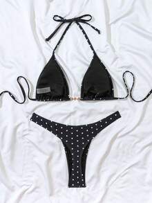 SHEIN Swim Mod Women's Summer Beach Polka Dot Print Halter Tie Sexy Bikini Set - Multicolor - View 3