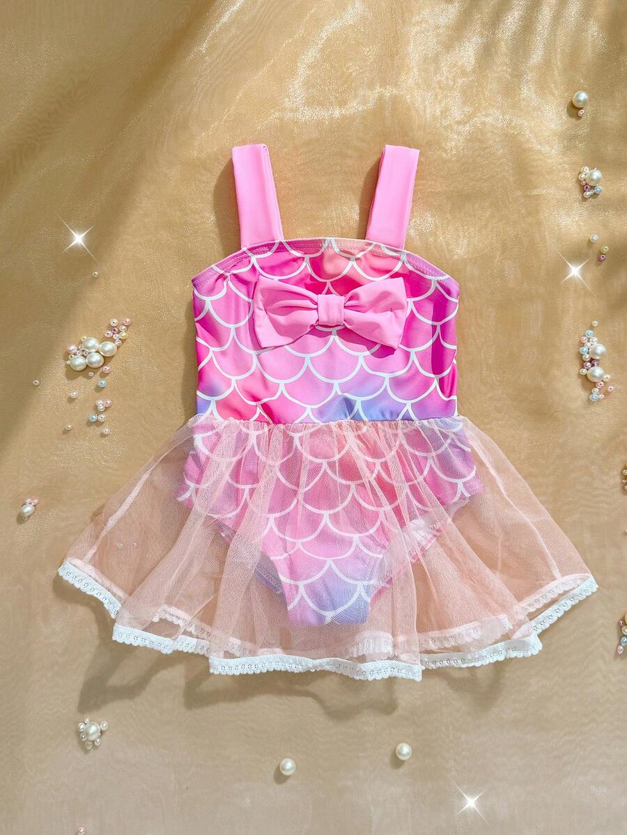 Baby Girl Cute Fish Scale Print Contrast Mesh Ruffle Trim One-Piece Swimsuit - Pink - View 1