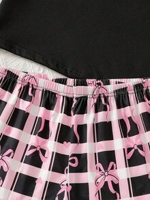 3件組青少年女孩居家服套裝，圓領短袖、短褲與長褲，四季適用，黑色、粉色、白色格紋與蝴蝶結印花，柔軟透氣 - 彩色 - 查看 4