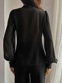 DAZY 撞色蕾丝修身长袖蝴蝶结优雅正式夏季衬衫 - 黑色 - 查看 3