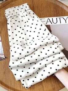 Pantalones rectos de satén con lunares y cintura con cordón, cintura alta, sueltos y con caída, adecuados para vacaciones, ceremonias de graduación, festivales de música, estilo bohemio, Día de la Independencia, ir al trabajo y uso casual - Blanco - Ver 2