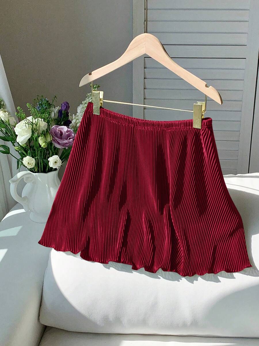 Comfortcana Plus Size Women Solid Color High Waist Ruffle Hem A-Line Skirt - Burgundy - View 1