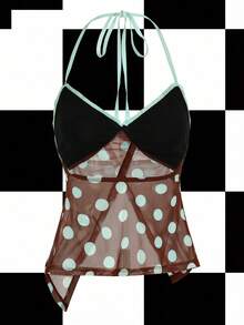 Y2Kool Annarte Contrast Color, Mesh, Sheer, Bowknot, Y2K, Girly, Casual, Women's Halter Neck Top, Suitable For Summer, Vacation, Gathering, Party, Daily Wear Sexy Top Matching Idea Stylish Collection New Year - Mocha Brown - View 2