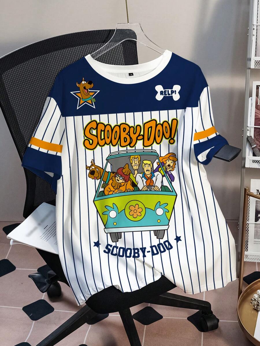 SCOOBY-DOO X SHEIN 大码撞色条纹卡通印花休闲圆领短袖T恤,夏季 - 白色 - 查看 1