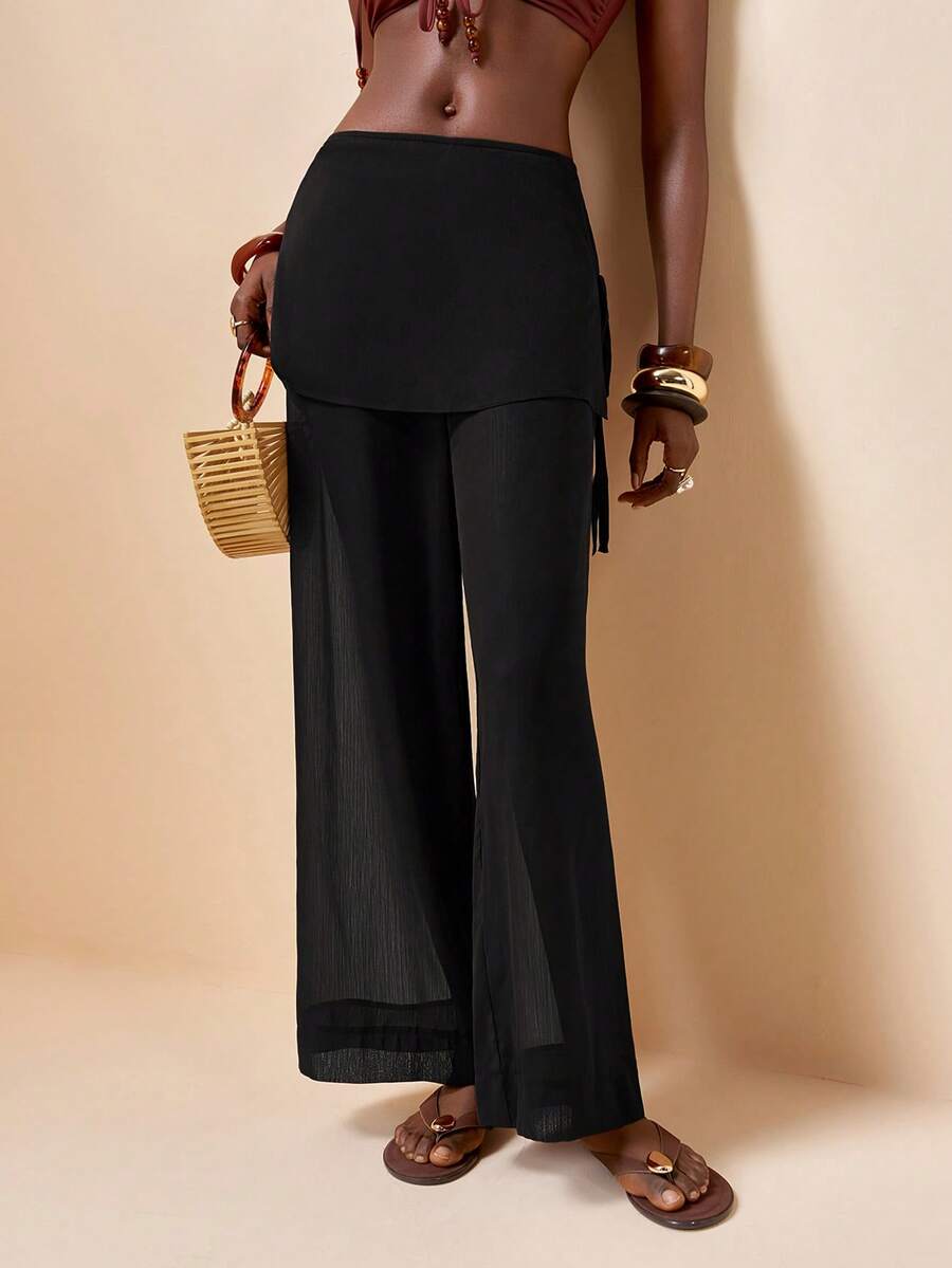 Zivah Hàng mới về: Áo khoác ngoài quần dài màu nâu, chất liệu chiffon, kiểu dáng thanh lịch, hơi xuyên thấu, cài cúc bên hông, thắt eo điều chỉnh được, thích hợp cho kỳ nghỉ biển hoặc tiệc bể bơi. - màu đen - Xem 1