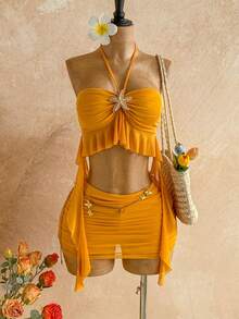 SHEIN WYWH 复古黄色水母喇叭形无肩带露背吊带露脐上衣+迷你百褶裙两件套，适合度假、休闲、海滩、邮轮、音乐节、派对、波西米亚风、嬉皮风、西部风等场合，室内外均可穿着，日常通勤也适用。 - 黃色 - 查看 1
