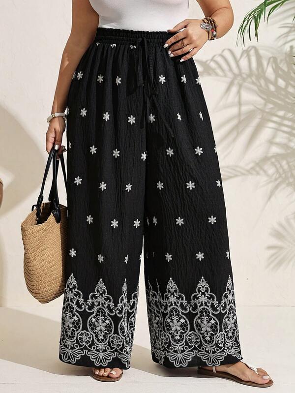 Comfylo Pantalones palazzo de pierna ancha con cintura de lazo bordado para mujer de talla grande