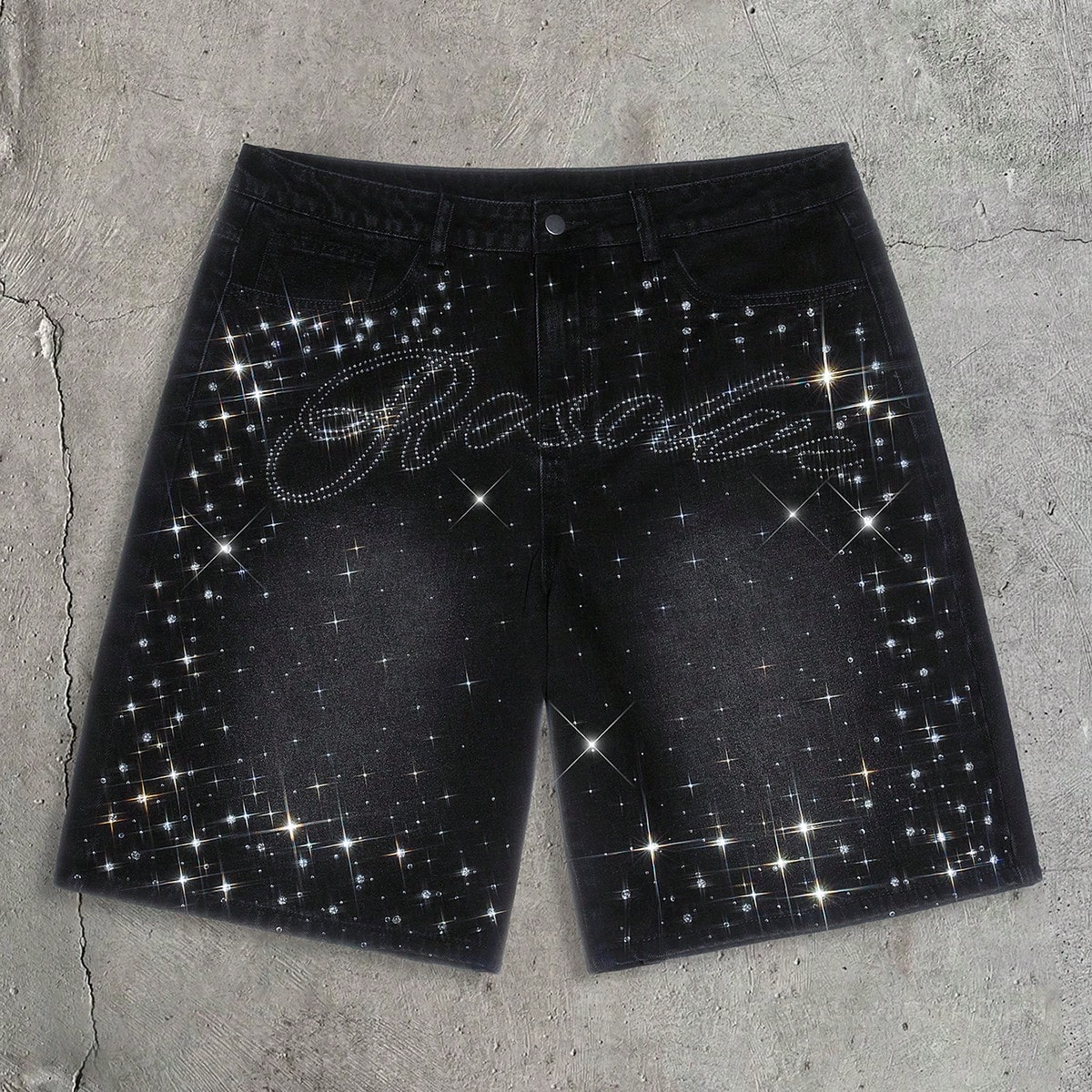 Pantalones cortos negros para hombre con adornos de strass de moda