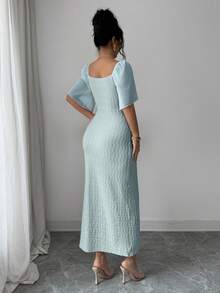 Modelyn 女士金属扣撞色荷叶边领花瓣袖修身优雅连衣裙，春夏款 - 綠色 - 查看 2