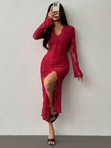 SHEIN PETITE 性感黑色深V領高開衩長喇叭袖緊身夜店洋裝，夏季女款洋裝，茶會洋裝，紅色洋裝，適合嬌小女性 - 紅色 - 查看 6