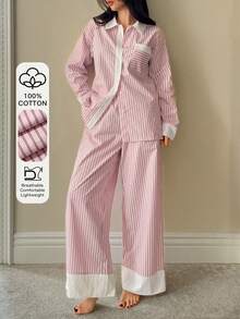 DAZY 2pcs Contrast Color Striped Fabric Shirt Style Women's Pajama Set, Spring - Pink - View 5