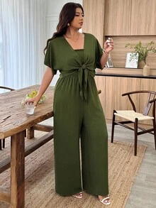 Weeklong Plus Size Women Spring/Summer Casual Vacation Tie-Front Cardigan And Jumpsuit Set - Army Green - View 6