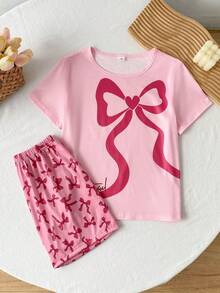 2 Pieces Tween Girl Round Neck Short Sleeve Shorts Summer Pink Cute Bow Print Pajamas Sleepwear Loungewear Set, Sweet Home Wear Casual Loose Fit - Pink - View 2