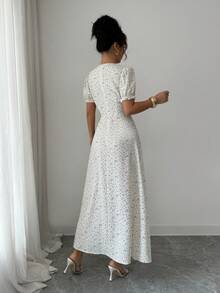 Modelyn French Style Ditsy Floral Petal Sleeve Waist Cinched Slim Fit Dress - Apricot - View 2