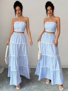 Elenzga Bộ 2 món áo croptop và chân váy kẻ sọc thanh lịch mùa hè dành cho nữ, bộ váy dài 2 món, bộ váy dài phong cách Bohemian 2 món, bộ chân váy mùa hè, bộ đồ Bohemian 2 món, phong cách nghỉ hè, bộ đồ đi biển 2 món dành cho nữ - Xanh và trắng - Xem 1