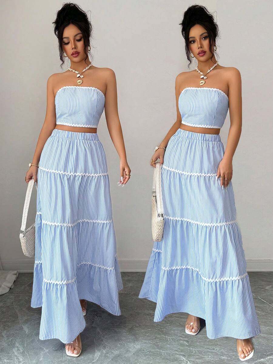 Elenzga Bộ 2 món áo croptop và chân váy kẻ sọc thanh lịch mùa hè dành cho nữ, bộ váy dài 2 món, bộ váy dài phong cách Bohemian 2 món, bộ chân váy mùa hè, bộ đồ Bohemian 2 món, phong cách nghỉ hè, bộ đồ đi biển 2 món dành cho nữ - Xanh và trắng - Xem 1
